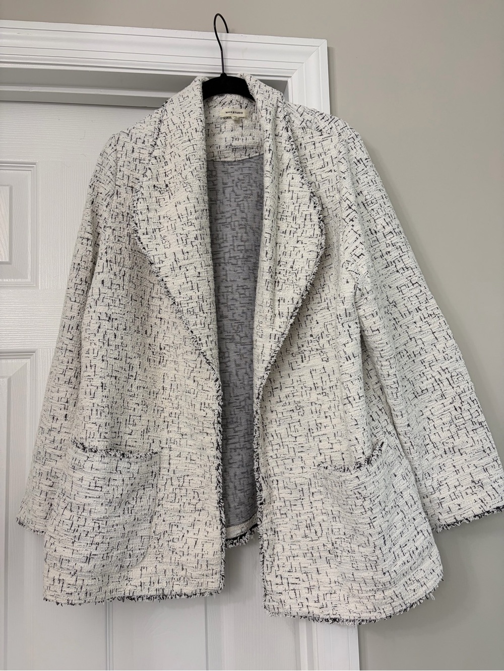 Max Studio Ivory Tweed Open-Front Jacket with Black Fleck